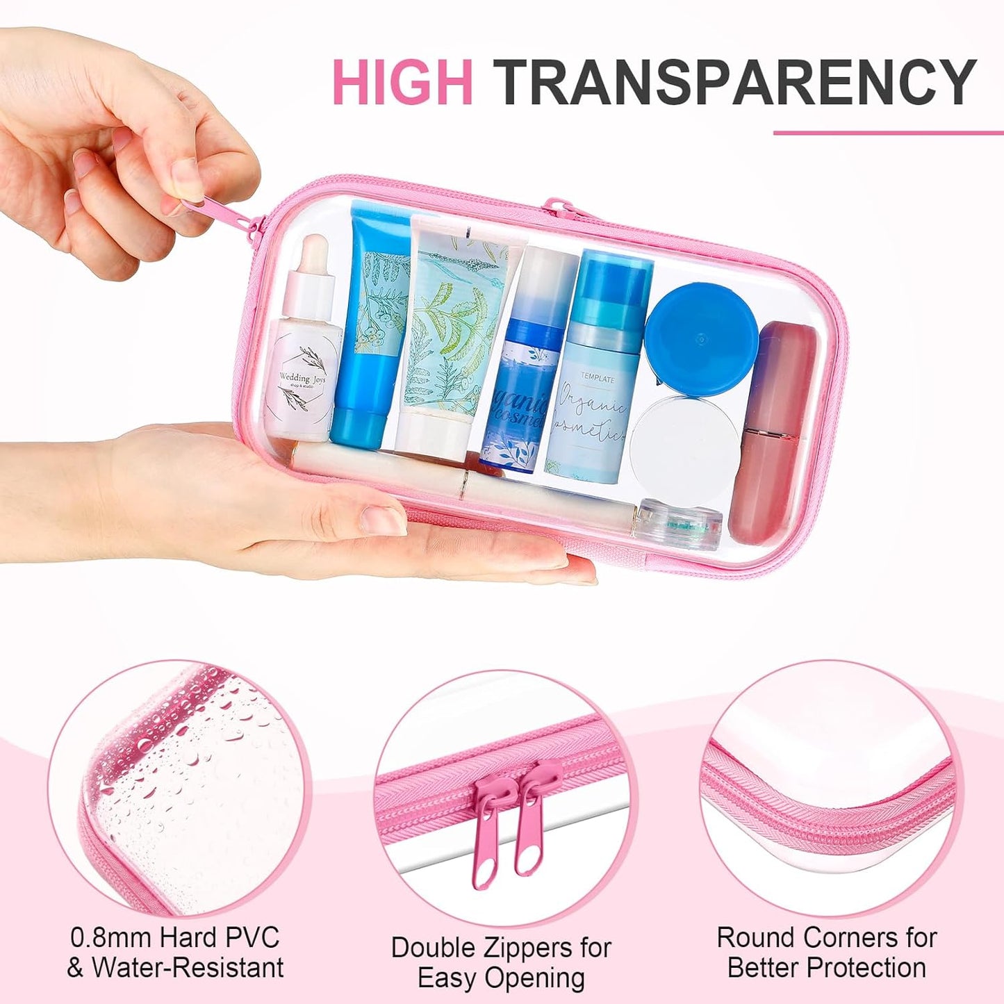 Hoolerry 3 Pcs Clear Hard Zipper Case Plastic Pouch Transparent Hard Case Clear Makeup Bag Portable Travel Organizer Bin for Cosmetics, Building Blocks, Puzzles(Multicolor,S)