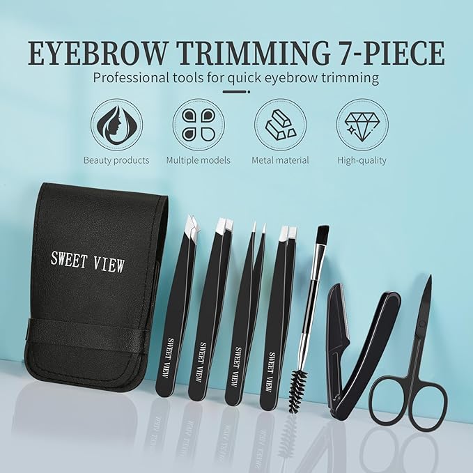 7pcs Eyebrow Tweezers Kit for Women Precision Plucker with Brow Scissors & Razor & Spoolie for Facial, Chin, Brow, Splinter and Ingrown Hair