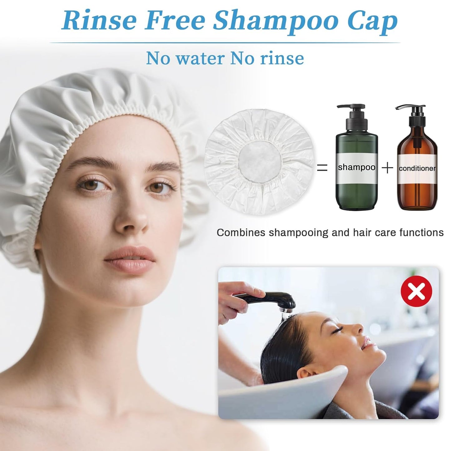 2PCS Shampoo Caps No Rinse - Rinse Free dry Shower Cap Shampoo Conditioner Rinseless Waterless Hair Washing Cap For Elderly Adults Men Women Hospital After Surgery Bedridden Patient（Short Hair）