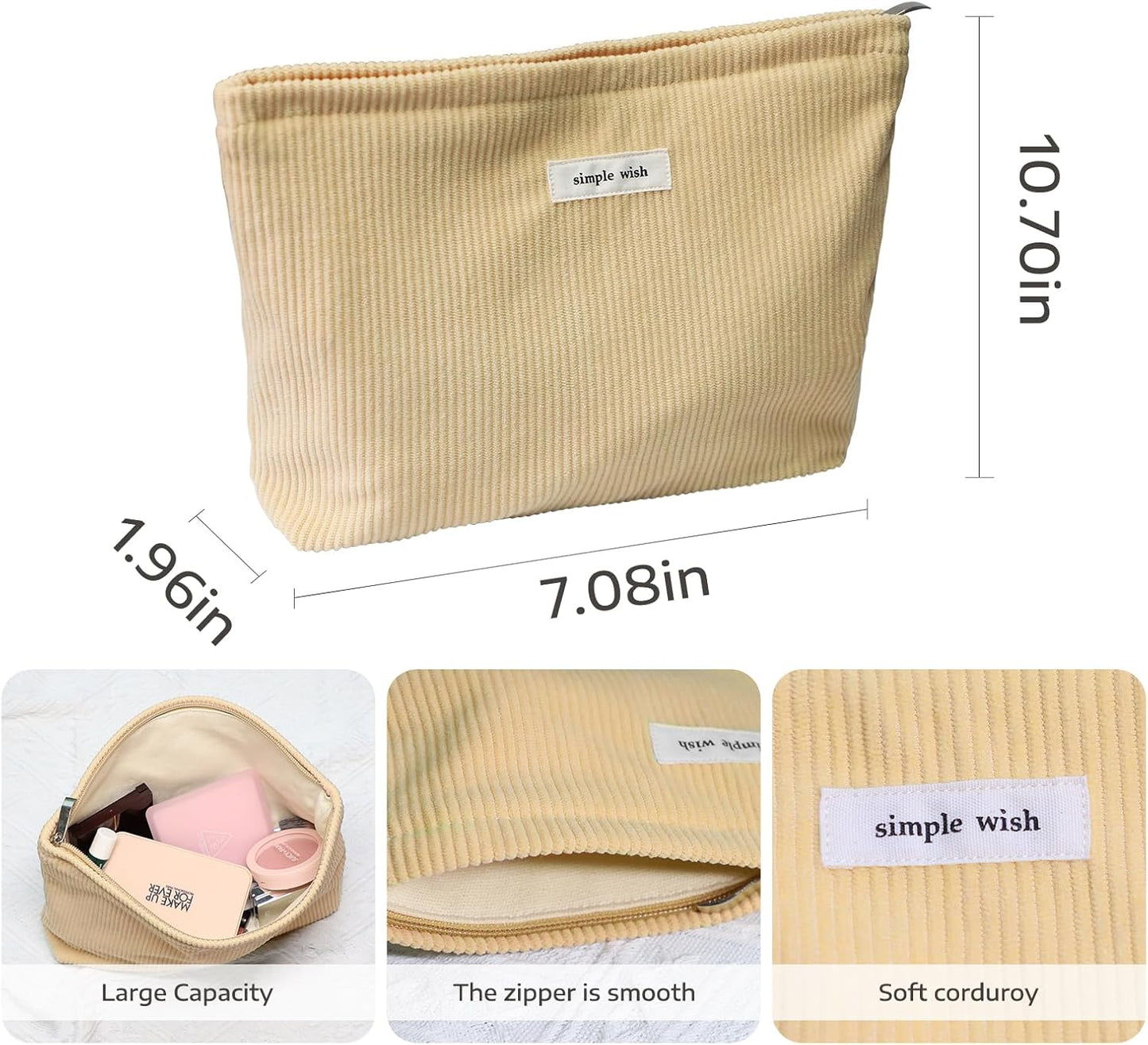 Wudygirl Makeup Bag Large Capacity Cosmetic Bag Travel Makeup Pouch Cute Toiletry Bag for Women Makeup Bag Organizer Handbags Purses Zipper Pouch Corduroy (Light Yellow)