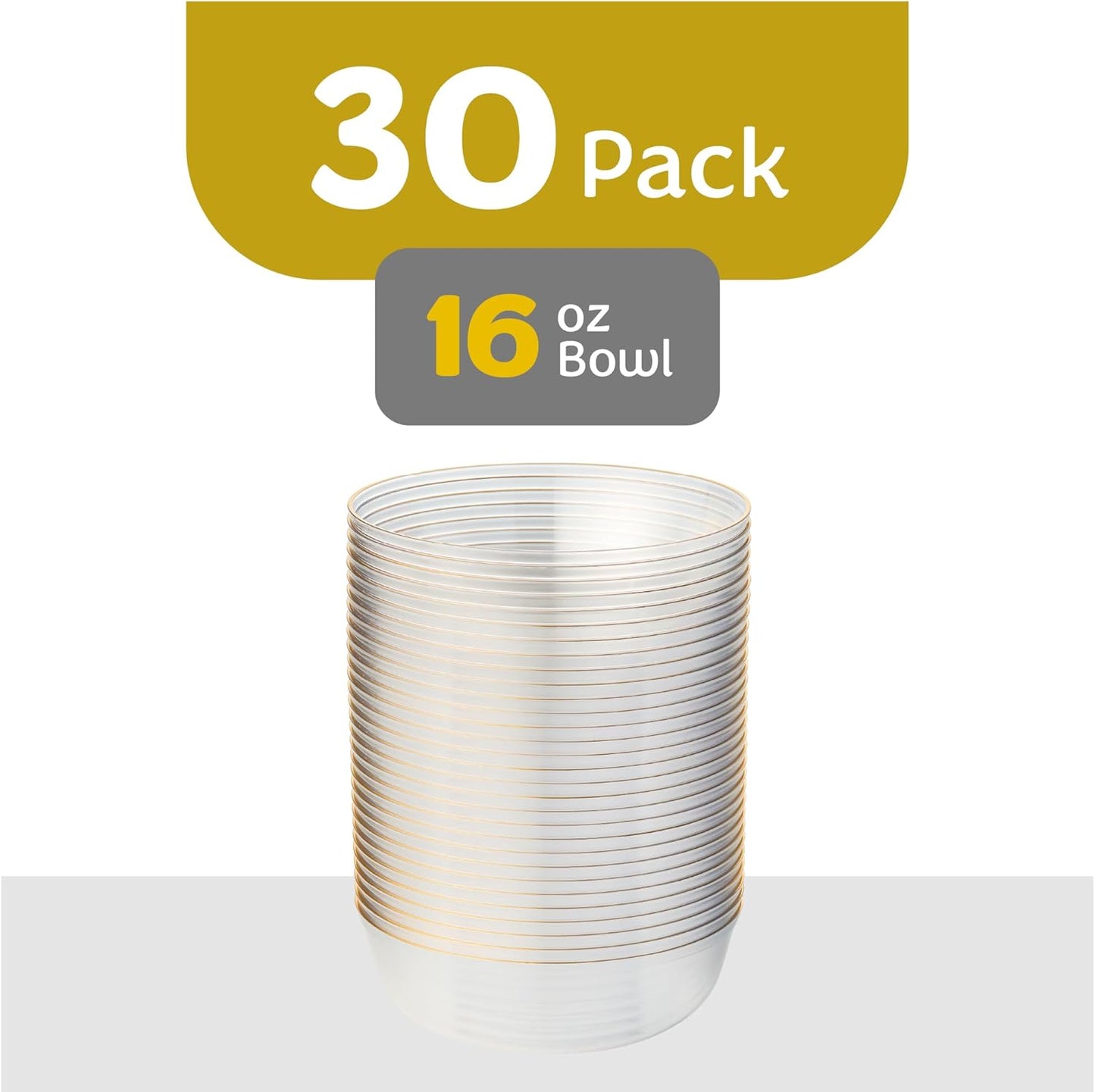 PLASTICPRO [30 Pack 16 OZ Bowls Edge Collection Clear with Gold Rim Plastic Party Soup Bowls Premium heavyweight Elegant Disposable Tableware Dishes