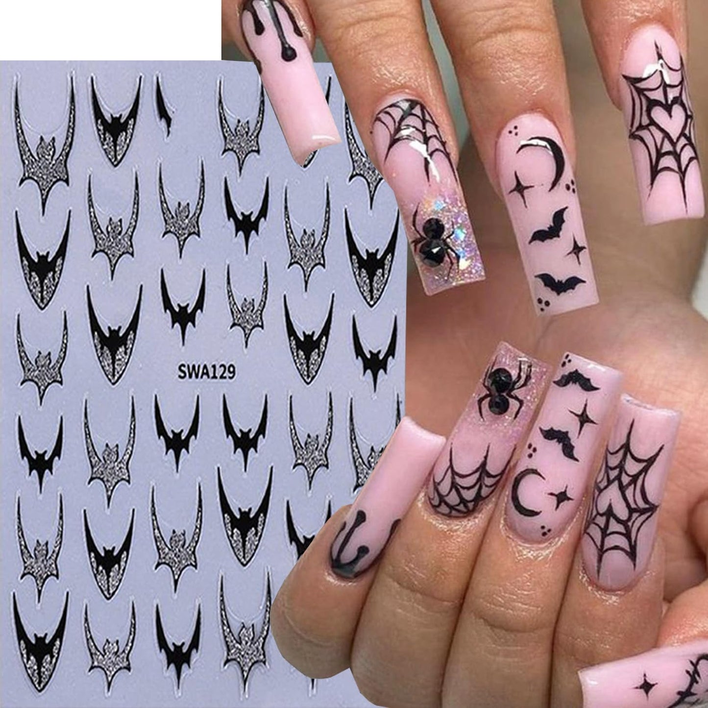 6 Sheets Halloween Nail Art Stickers 3D Self -Adhesive Bat Nail Decals Holographic Hot Stamping Gold Silver Bat Nail Stickers Halloween French Nail Decoration for Women Manicure Supplies
