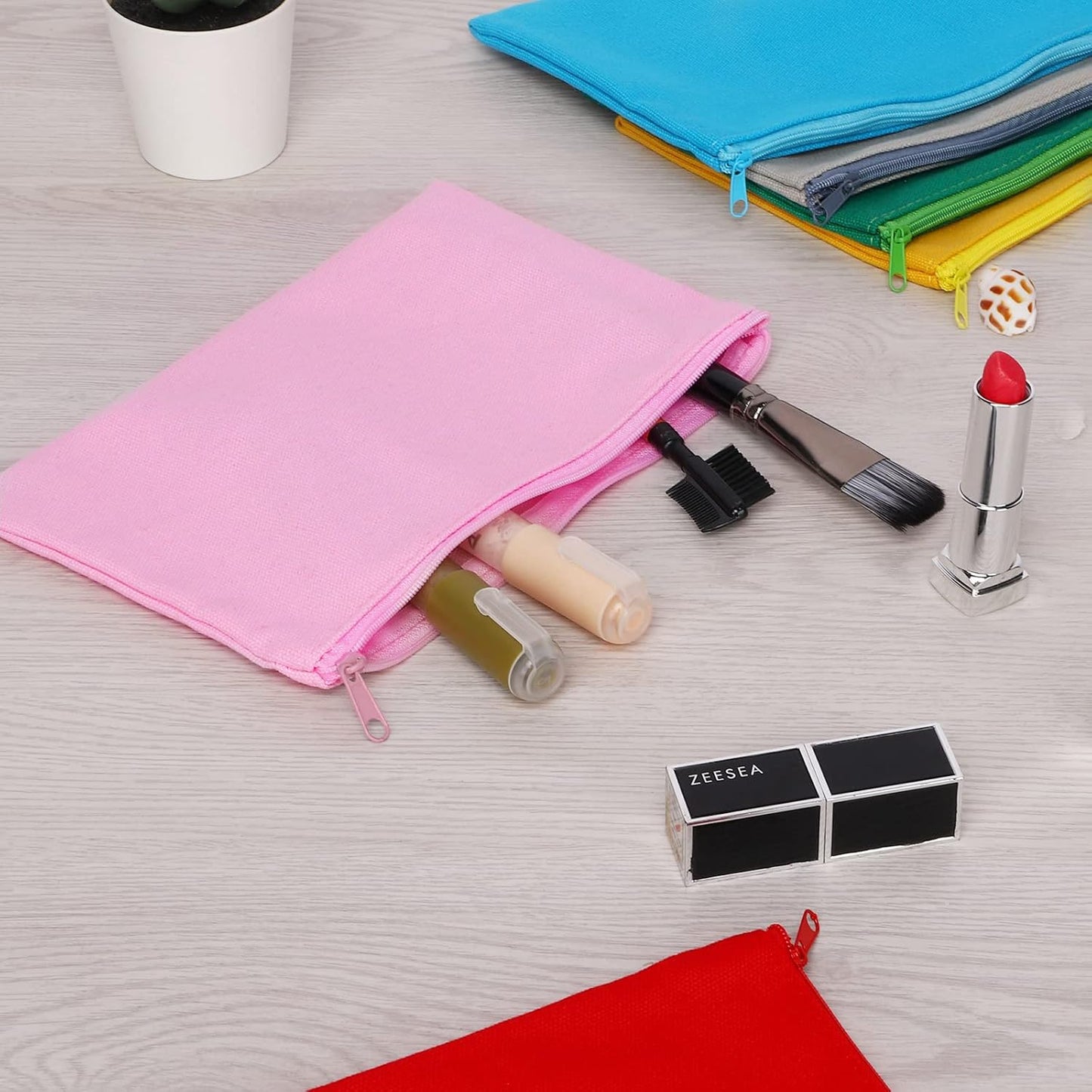 12 Pieces Cotton Canvas Makeup Bag, Multipurpose Cosmetic Bag with Zipper Travel Toiletry Pouch, Blank DIY Craft Bag (Pink, S)