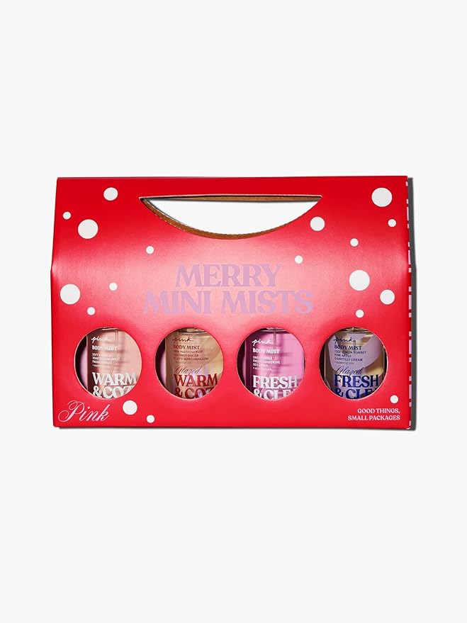 Victoria's Secret PINK 4 Piece Merry Mini Mists Gift Set: Warm & Cozy and Fresh & Clean, Assorted Scents