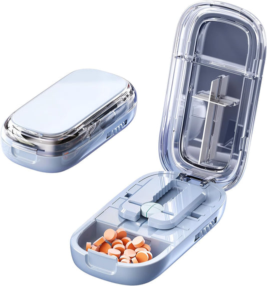 Portable Pill Cutter with Adjustable Slots – Multi Pill Splitter for Small & Large Tablets, Stainless Steel Blade, Clear Cut, Non-Slip Design, Easy to Use for Weekly Medication (Blue, 1/4)