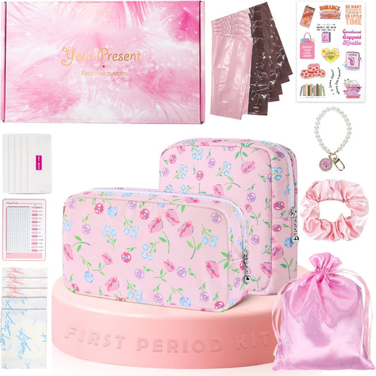 Desing Wish 22 PCS First Period Starter Kit Gift for Teen Girls Period Bags for Teen Tweens Girls with Sanitary Pad Storage Bag, Wipes, Menstrual Tracker, Disposal Pouches and More (Pink Floral)