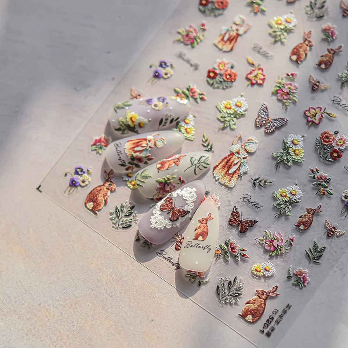 5D Embossed Flower Nail Stickers Decals Pastoral Style Nail Art Cute Bee Rabbit Butterfly Stickers for Nails Designs Self Adhesive Nail Art Supplies & Decorations for Women Girls 1 Sheet