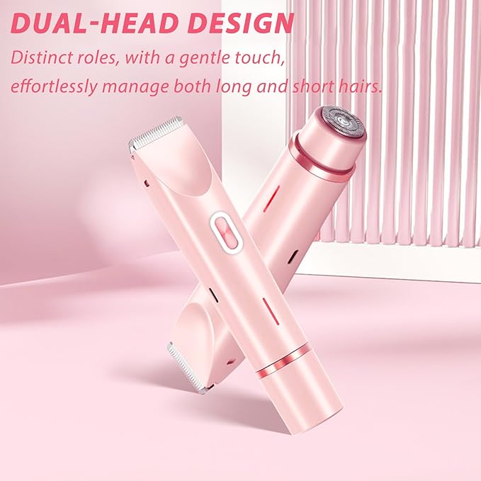 Glow Aura Womens Shaver 2 in 1,2025 New Razor & Shaver with Dual Ceramic Head,Bikini Trimmer for Women,IPX67 Waterproof Wet & Dry Use Body and Face Hair Trimmer for Women (Pink)