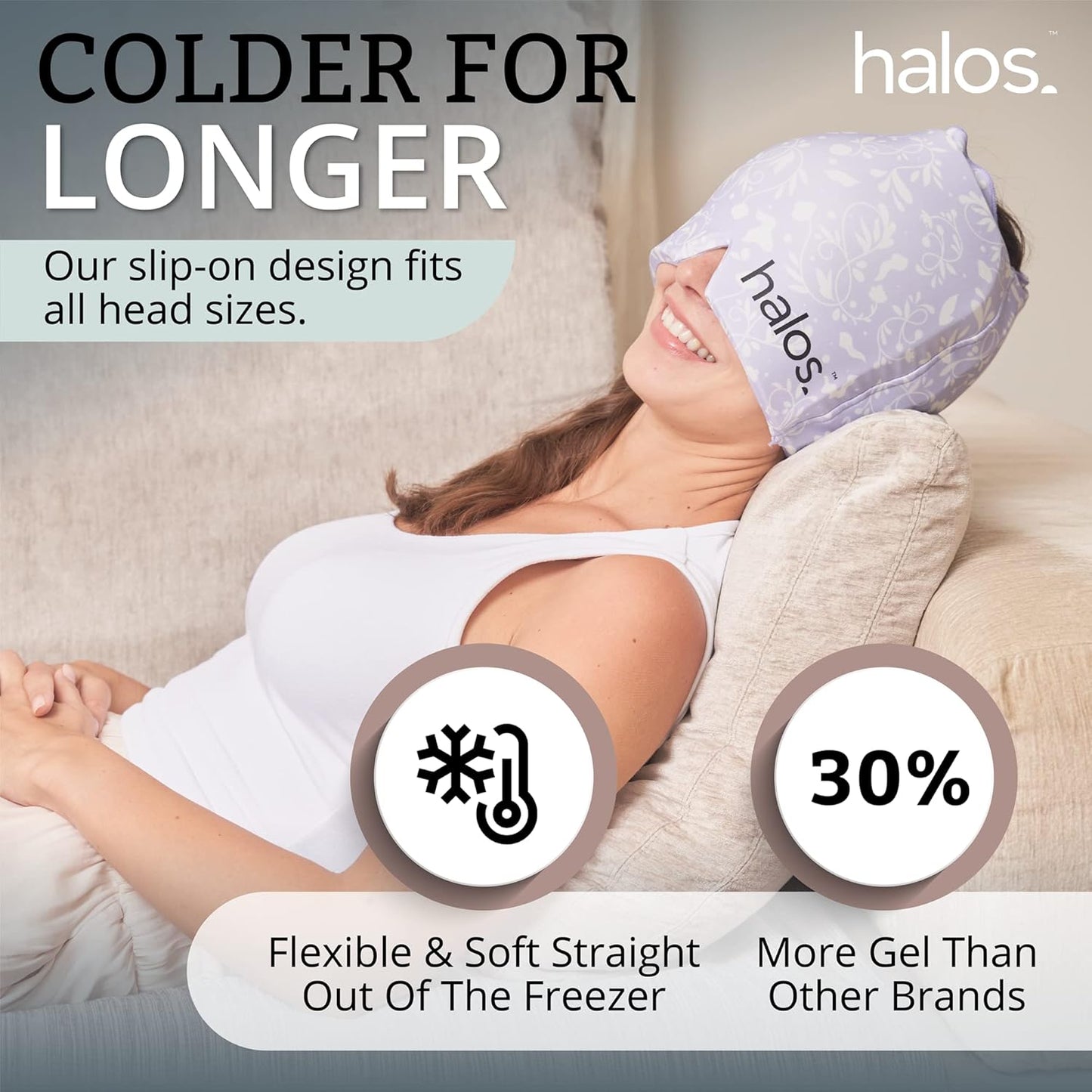 MyHalos® Migraine Relief Cap, 30% Thicker, 2X More Cooling Gel, Stays Colder for Longer, Form Fitting Ice Hat, Ice Pack Head Wrap Relief, Tension Headache Relief Cap (Violet)