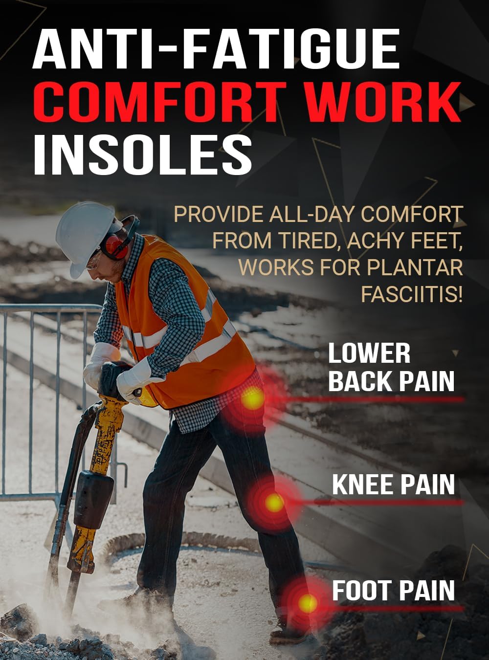 Work Pro Comfort Insoles - Shock Absorption - Low Arch - Cushioning Anti Fatigue Shoe Insert Men Women - Non-Slip - Soft Comfortable Work Boot Insoles - Foot Pain Relief (XL, Black)