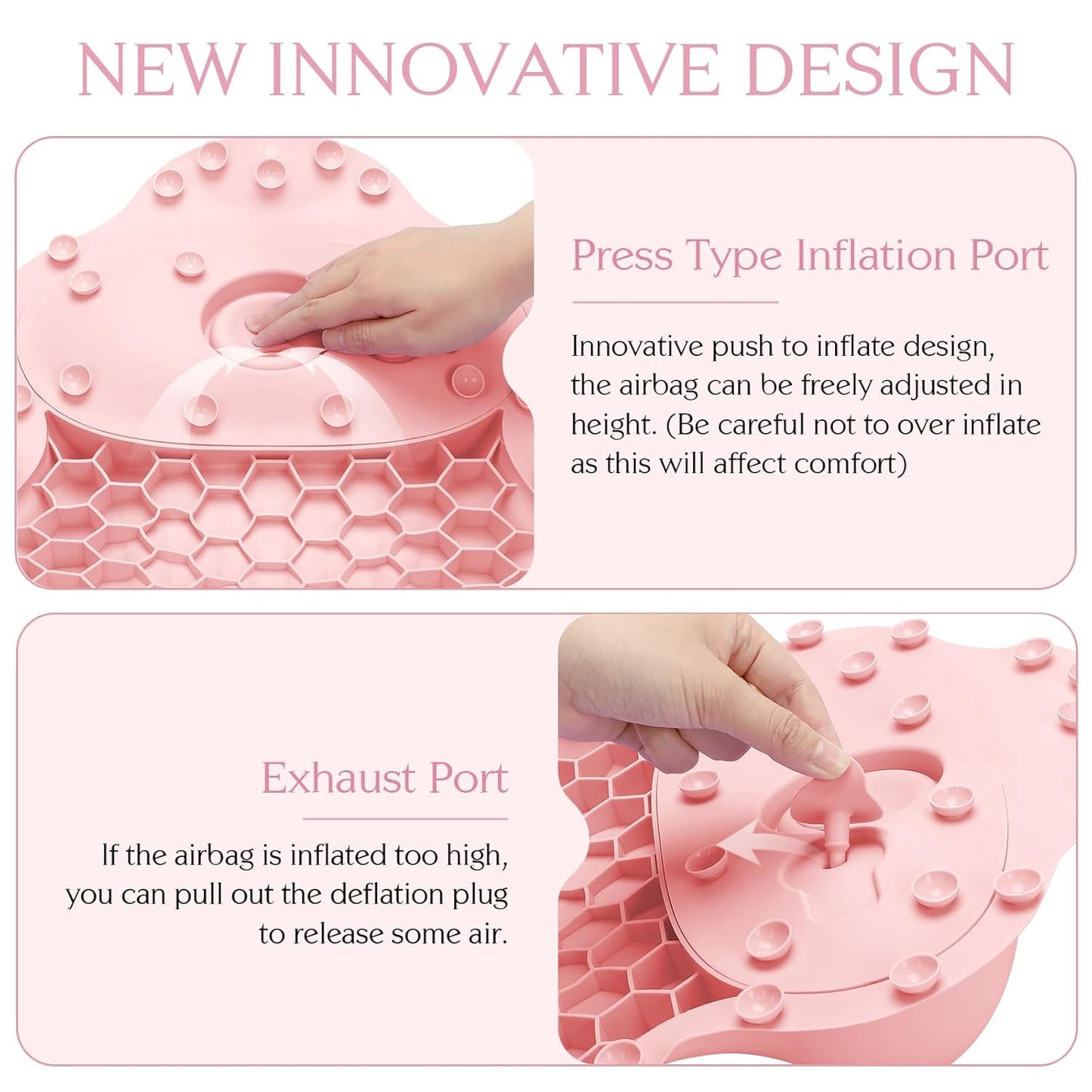 Silicone Bath Pillow, New Material Bath Pillows for Tub Head Neck and Back Support, Bath Tub Pillow with 4D Press Inflatable Airbag and Non-Slip Strong Suction Cups, Quick-Drying, Easy to Store, Pink