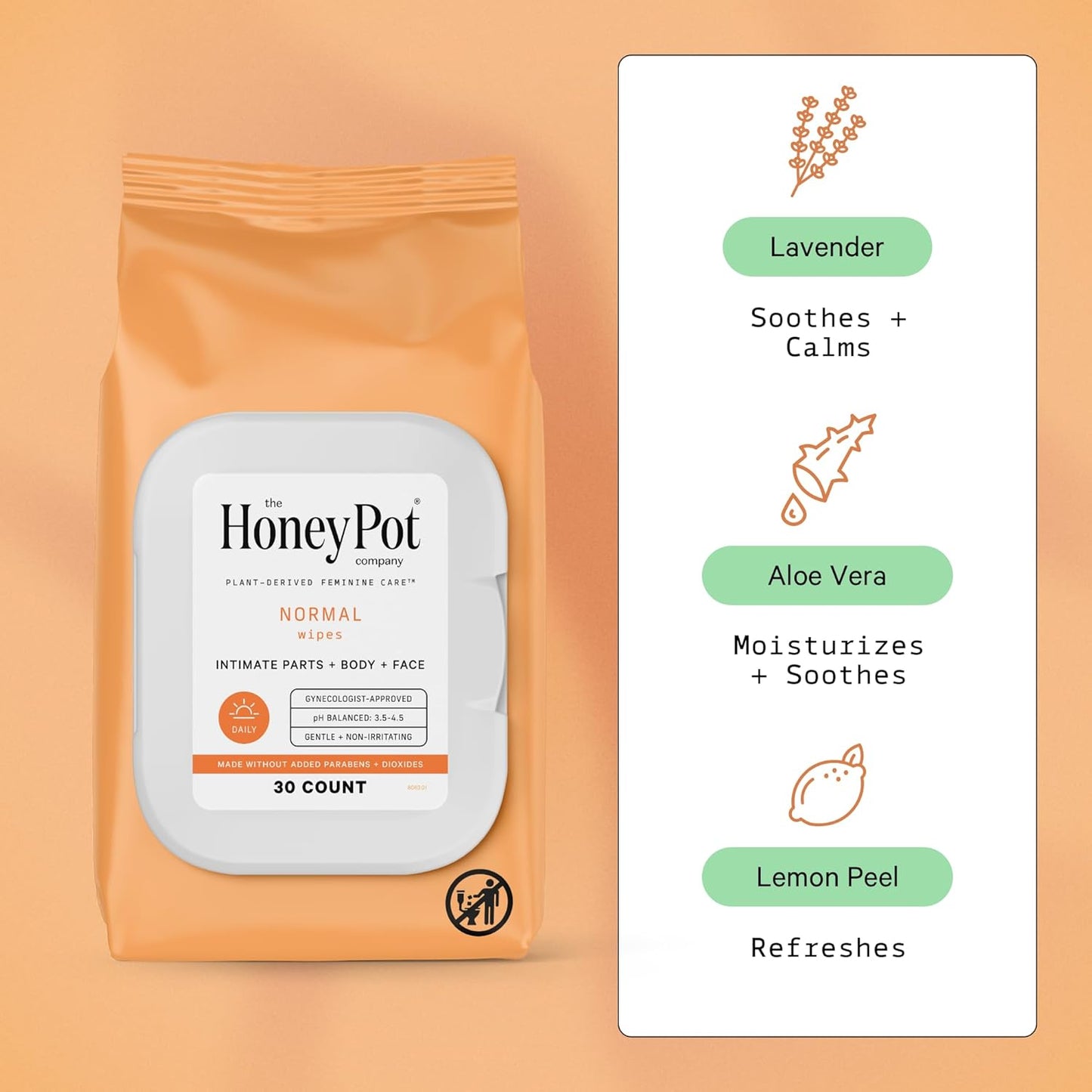 The Honey Pot Company - Feminine Wipes - Daily PH Balancing, Fragrance & Sulfate Free Wipes for Intimate Parts, Body, or Face - Hygiene Products - Normal 30 ct (Pack 3)