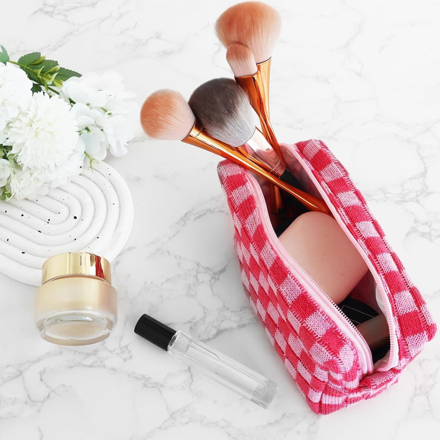 ZLFSRQ 6Pcs Checkered Pencil Case Cute Pencil Pouch for Teens Checkered Makeup Bag Pink Medium Travel Cosmetic Bag Makeup Pouch for Purse Aesthetic Trendy Zipper Toiletry Bags Organizer