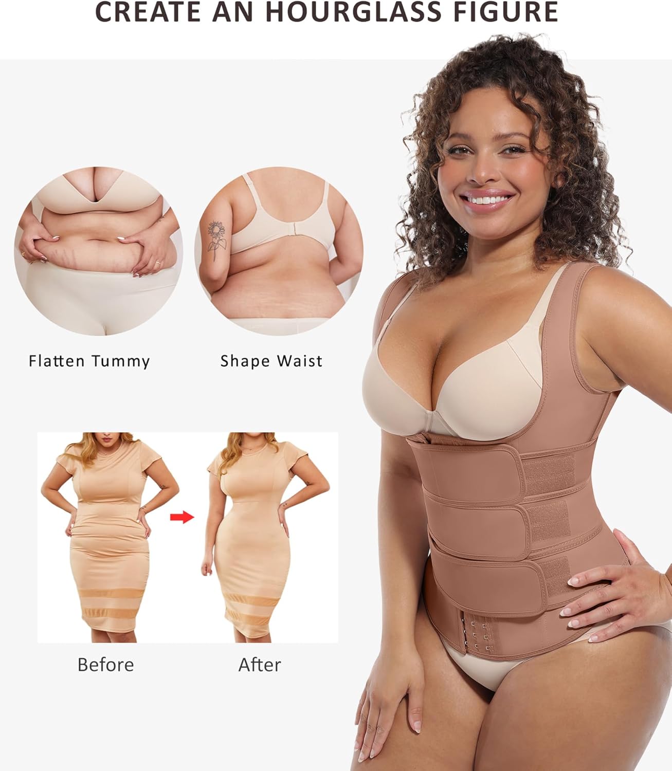 FeelinGirl Waist Trainer for Women Latex Waist Trainers Vest Plus Size Waist Cincher Corset 3 Belts Hooks Steel Bones