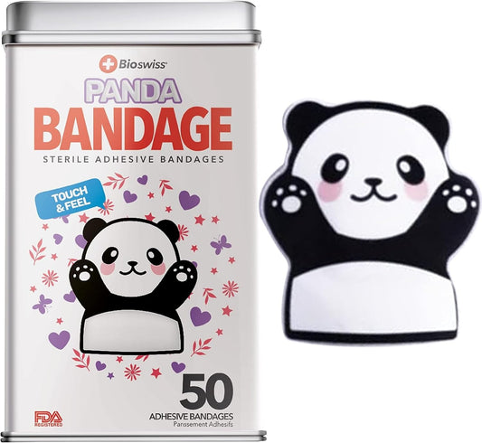 BioSwiss Kids Bandages, Panda Shaped Self Adhesive Bandage Set, Latex Free, Sterile Wound Care, 50 Count