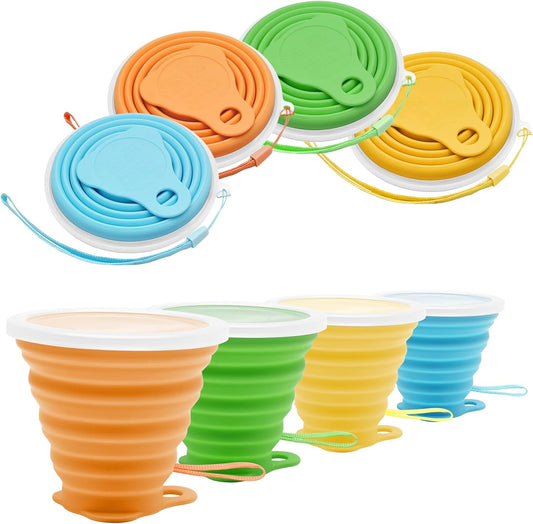 Litoexpe 4 Pack Silicone Collapsible Travel Cup Portable Folding Camping Cup Sets with Lids, Yellow & Orange & Blue & Green, Capacity 9.22oz (270ml)