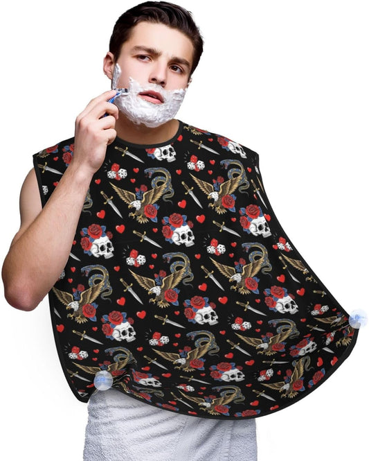 Beard Hair Catcher Bib, Waterproof Non-Stick Grooming Apron for Shaving Trimming, Perfect for Men Dad, Vintage Rock Snake Knife Wild Eagle Rose Skull Shave Bib