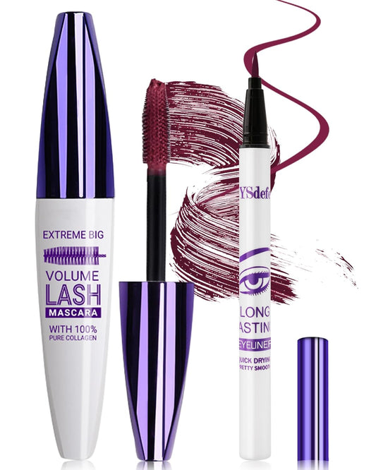 Burgundy Mascara Liquid Eyeliner Set,Update Longlasting Waterproof Color Eye Liner Pen, 5D Silk Fiber Colored Mascara Volume and Length,Halloween Party Stage Use Eye Makeup Gift Kit for Women Girl-08