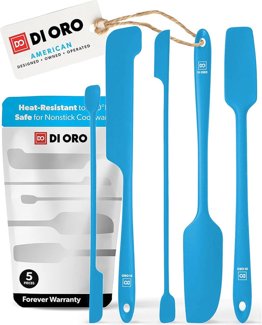 DI ORO Silicone Jar Spatulas for Scraping - Rubber Spatulas Silicone Heat Resistant - Kitchen Spatulas Nonstick Cookware Safe - Silicone Utensil Set for Blenders, Mixing, Baking, & Makeup (5pc, Blue)
