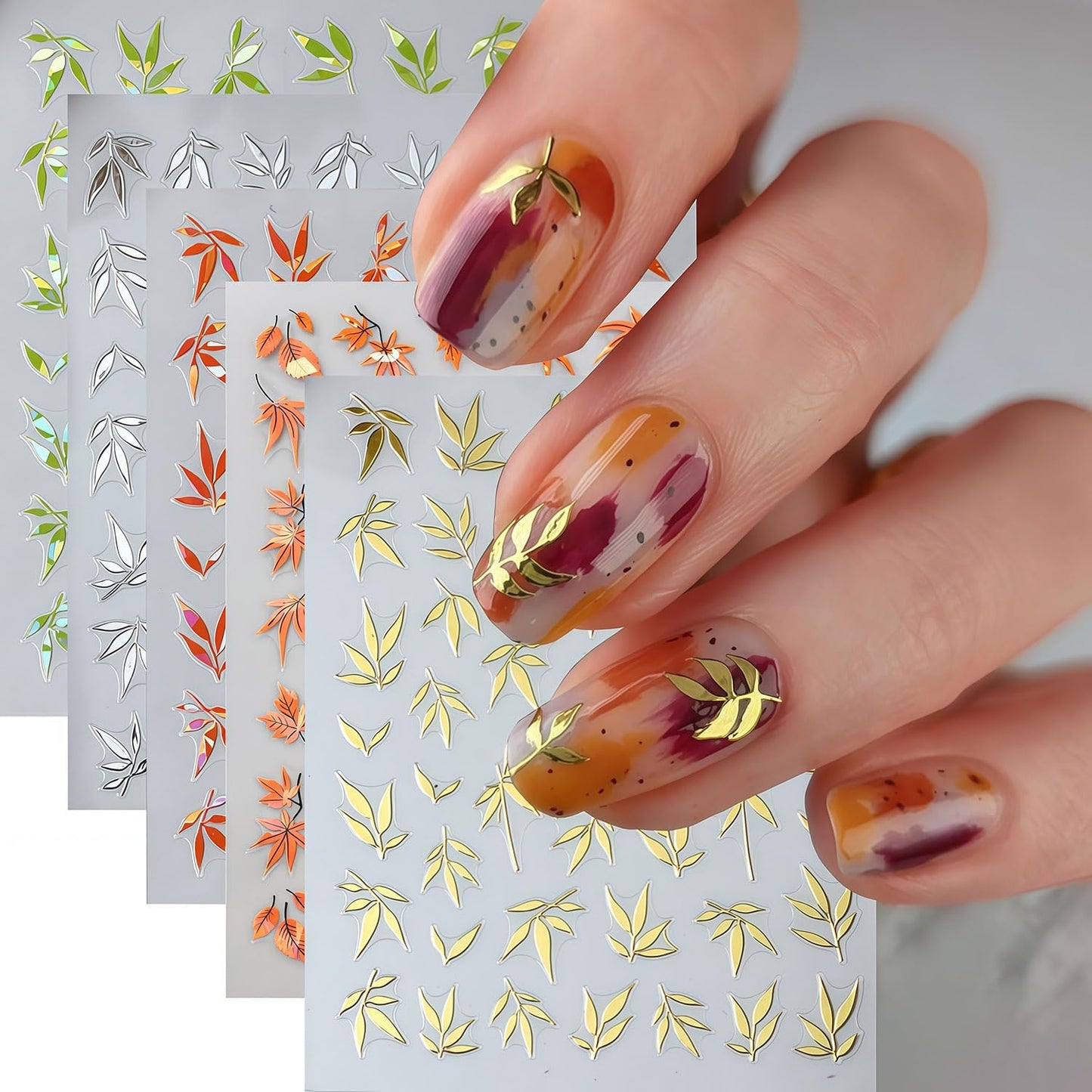 5 Sheets Fall Nail Art Stickers Autumn Maple Leaf Nail Decals 3D Self-Adhesive Thanksgiving Day Maple Leaf Nails Decals with Gold White Orange Green Leaves Nail Stickers for Women Manicure Decoration