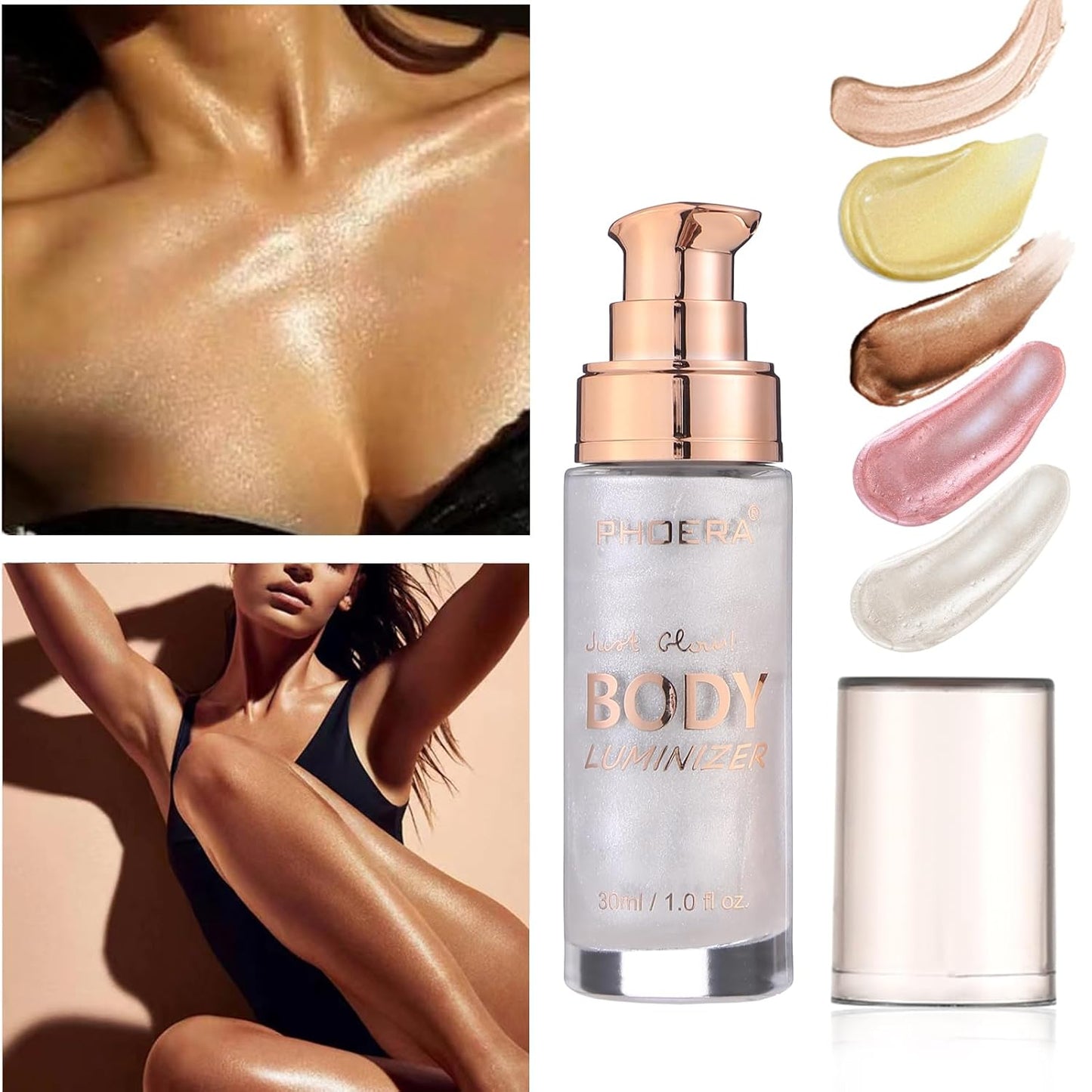 Body Shimmer Oil, Diamond Platinum Natural Glow Luminizer, Long Lasting Waterproof Moisturizing Liquid Illuminator Highlighter Makeup for a Sun-Kissed Glow, Brush Include, 1oz, Light Fair