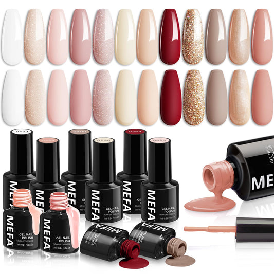 MEFA Nude Gel Nail Polish Set, 12 Colors Champagne Gold Glitter Gel Polish Set Shimmer Nude Pink natural Nail Polish Soak Off Burgundy Dark Red Brown Gifts for Women Girl DIY Salon Home Manicure