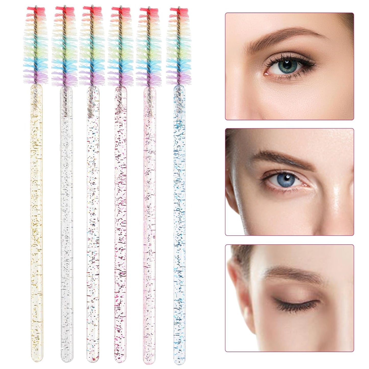 300PCS Disposable Mascara Wands Spoolie Brush Crystal Eyebrow Brushes Eyelash Extension Applicator Makeup Kits.myaokue-up (Rainbow Heads 6 Color Mix)