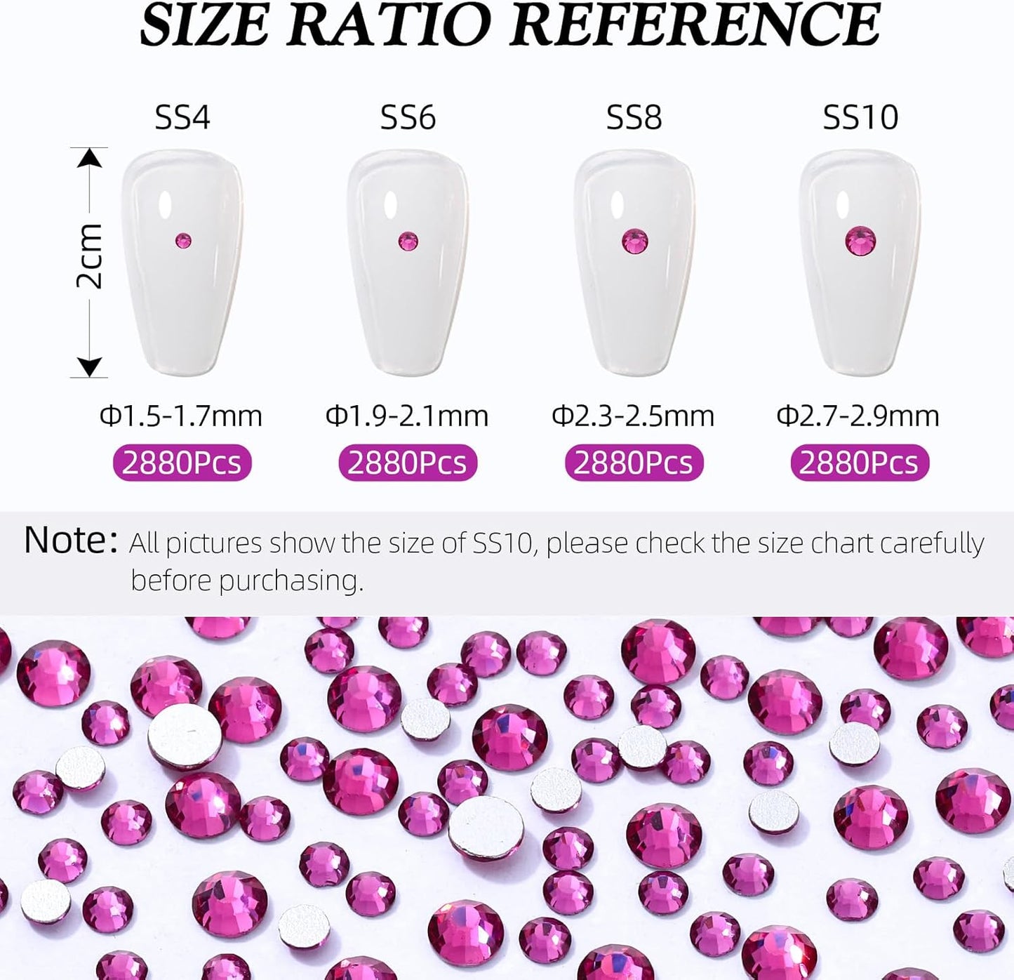 Fuchsia Flatback Rhinestones, Glass Rhinestones for Nail Art and Craft, Glue Fix, Loose Crystal Gemstones(Fuchsia, SS6, 2880pcs, 1.9-2.0mm)
