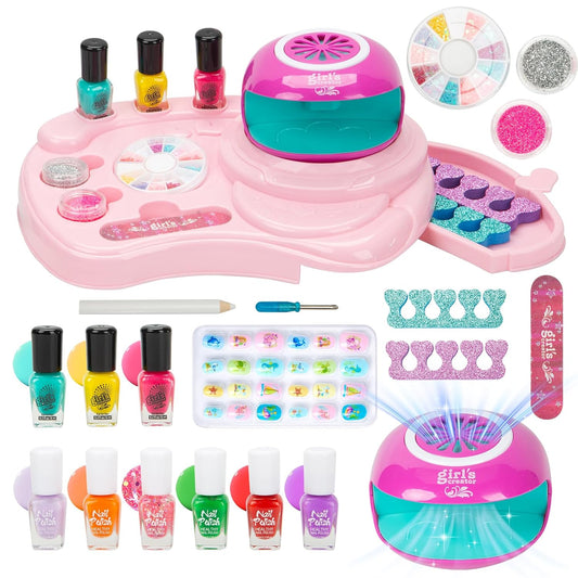Kids Nail Polish Set for Girls, Nail Art Kit with Nail Dryer, 9 Peel Off Washable Polish, 24 Press on Fake Nails, Glitter Powder, Gifts for Girls Ages 6-12