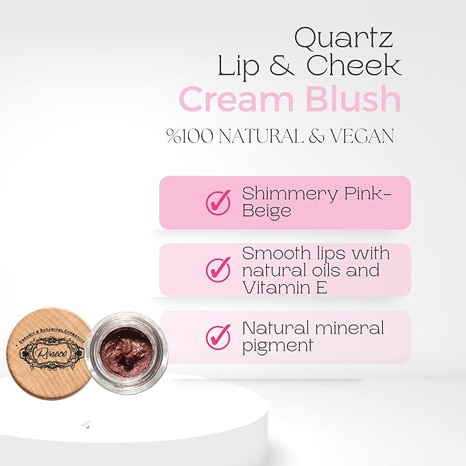 2-in-1 Cream Cheek Blush + Lip Color | Natural Mineral pigment | Soft Lips with natural oils and Vitamin E | 100% Plant ingredients, Vegan (Pink-Beige/Shimmery-Quartz, 0.25fl oz)