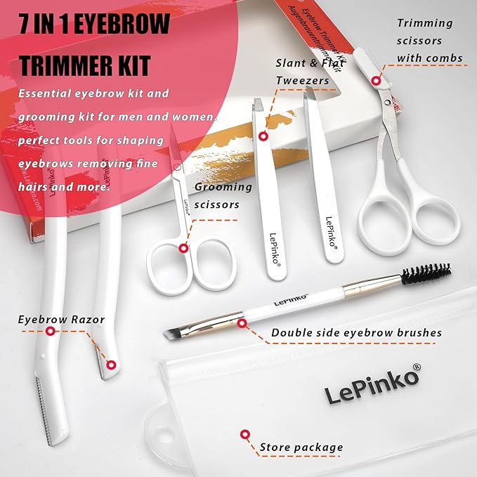 Eyebrow Trimmer Kit, 7 in 1 Eyebrow Scissors, Tweezer, Razor, Gromming Scissors Brush for Women Men, Gifts for Stocking Stuffers - White