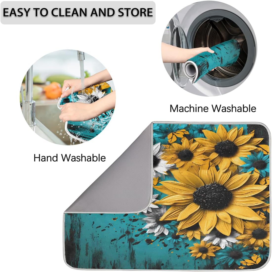 Dish Drying Mat Turquoise Wooden Sunflower Large Drying Mat for Kitchen Counter 18x24in Absorbent Dish Drainer Rack Pad, Heat Resistant Coffee Bar Mats Countertop Protector