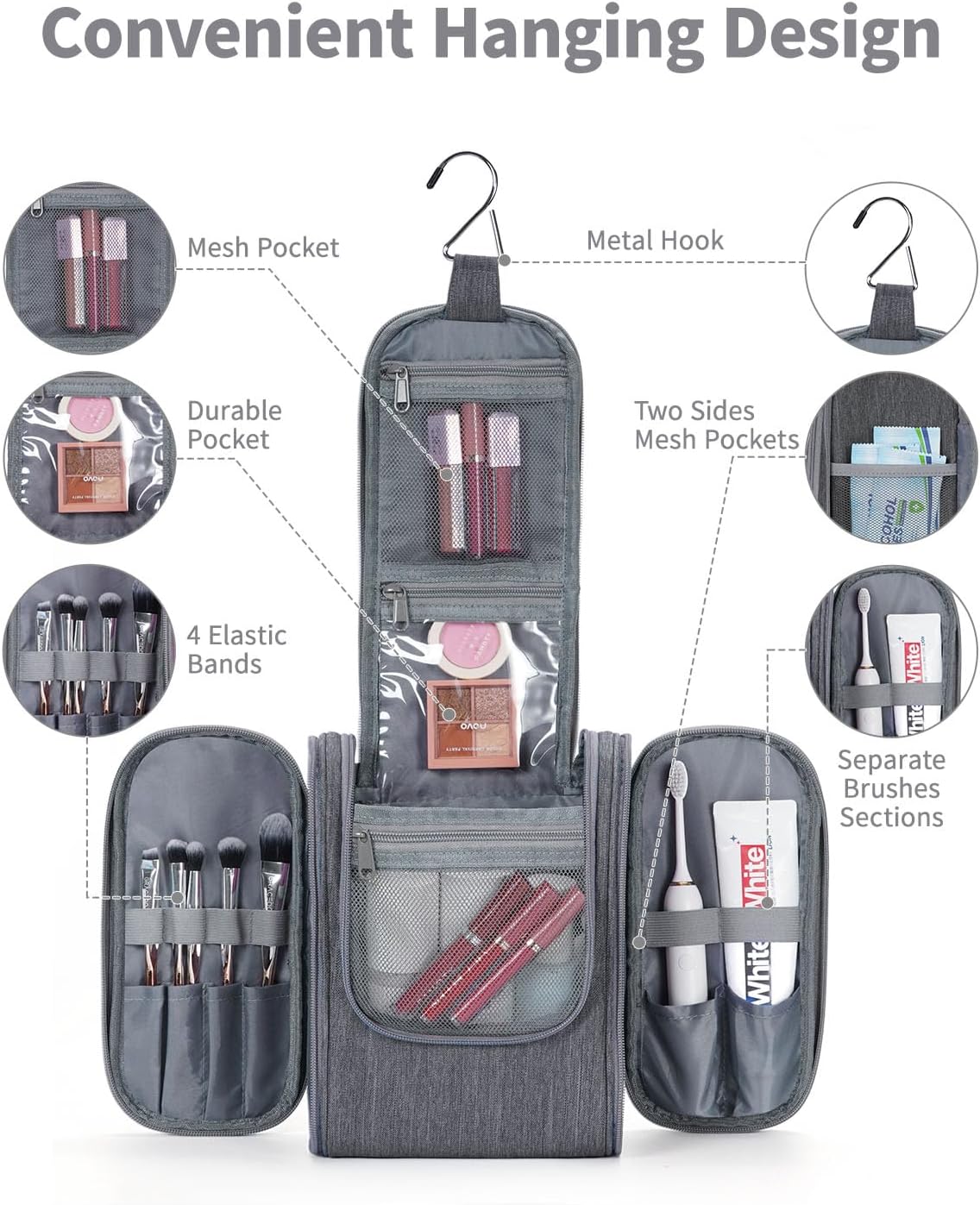 Narwey Small Hanging Toiletry Bag Women Travel Makeup Bag Organizer Toiletries Bag for Travel Size Essentials Accessories Cosmetics (Medium, Grey)