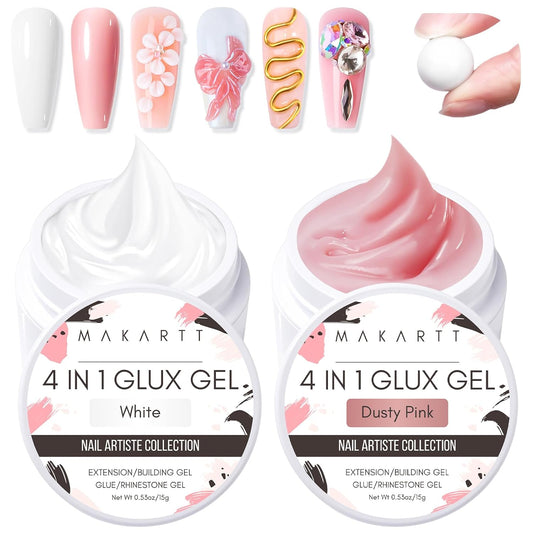 Makartt 3D Gel Nail Art: 4-in-1 Solid Gel Builder Non-sticky for Extension, 2pcs White and Dusty Pink 3D Sculpting Gels, UV Glue for Fake Nails, Rhinestones & Carving Hard Gels for UV/LED Lamp Require