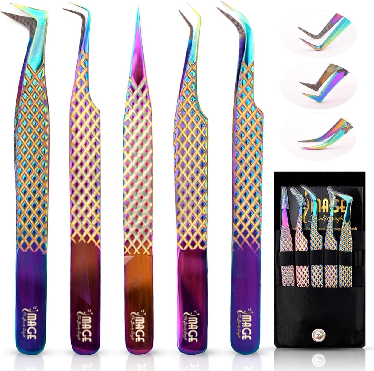 5 Pcs Fiber-Tip Japanese Steel Lash Tweezer Set with Leather Case, Professional Eyelash Tweezers for Lash Extensions – Titanium Coated, 90 & 45 Angled, Precision Pointed Tweezers (Rainbow Color)