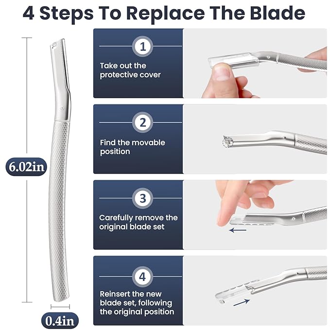 Dermaplaning Tool for Face, Dermaplane Razor for Peach Fuzz with Metal Grip, Professional Eyebrow Razor for Women, Facial Razor for Women Silver (12 Replaceable Blades)