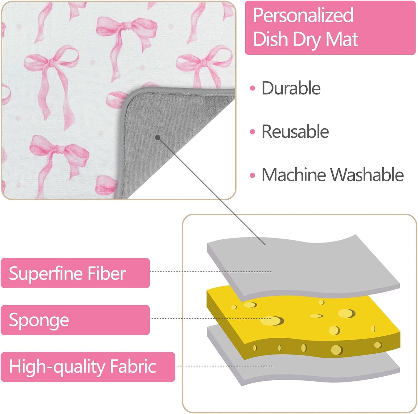 SHIYUE Dish Drying Mat for Kitchen Counter Super Absorbent Spring Kitchen Decor Microfiber Drying Matainers Rack Fast Pad Dish Drainer Mats(Pink Bow,18''x24'')