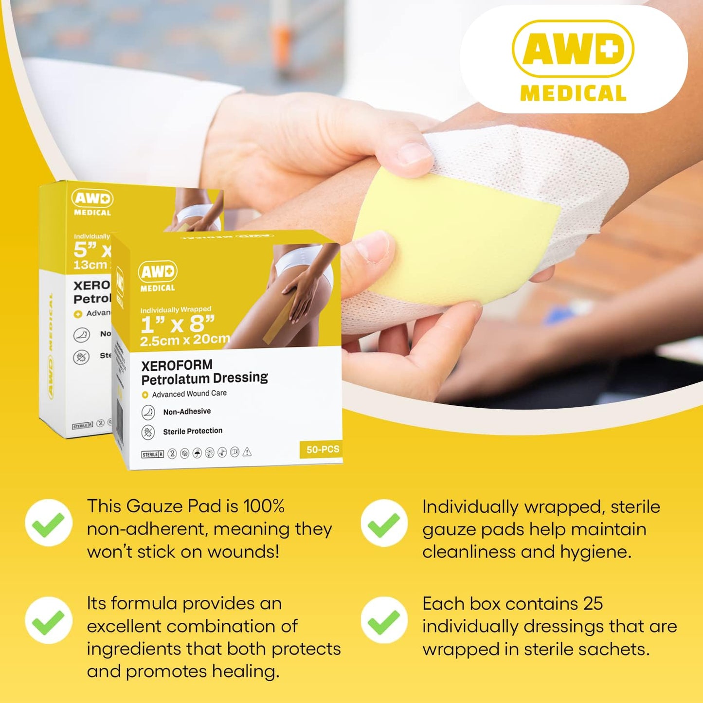 AWD Medical Xeroform Petrolatum Dressing - Non-Adhering Gauze Pad - Fine Mesh Gauze Patch Sterile - Healthcare Supplies for Wound Care, Burns, Lacerations, & Skin Grafts Aide (Box of 50) (1"x8")