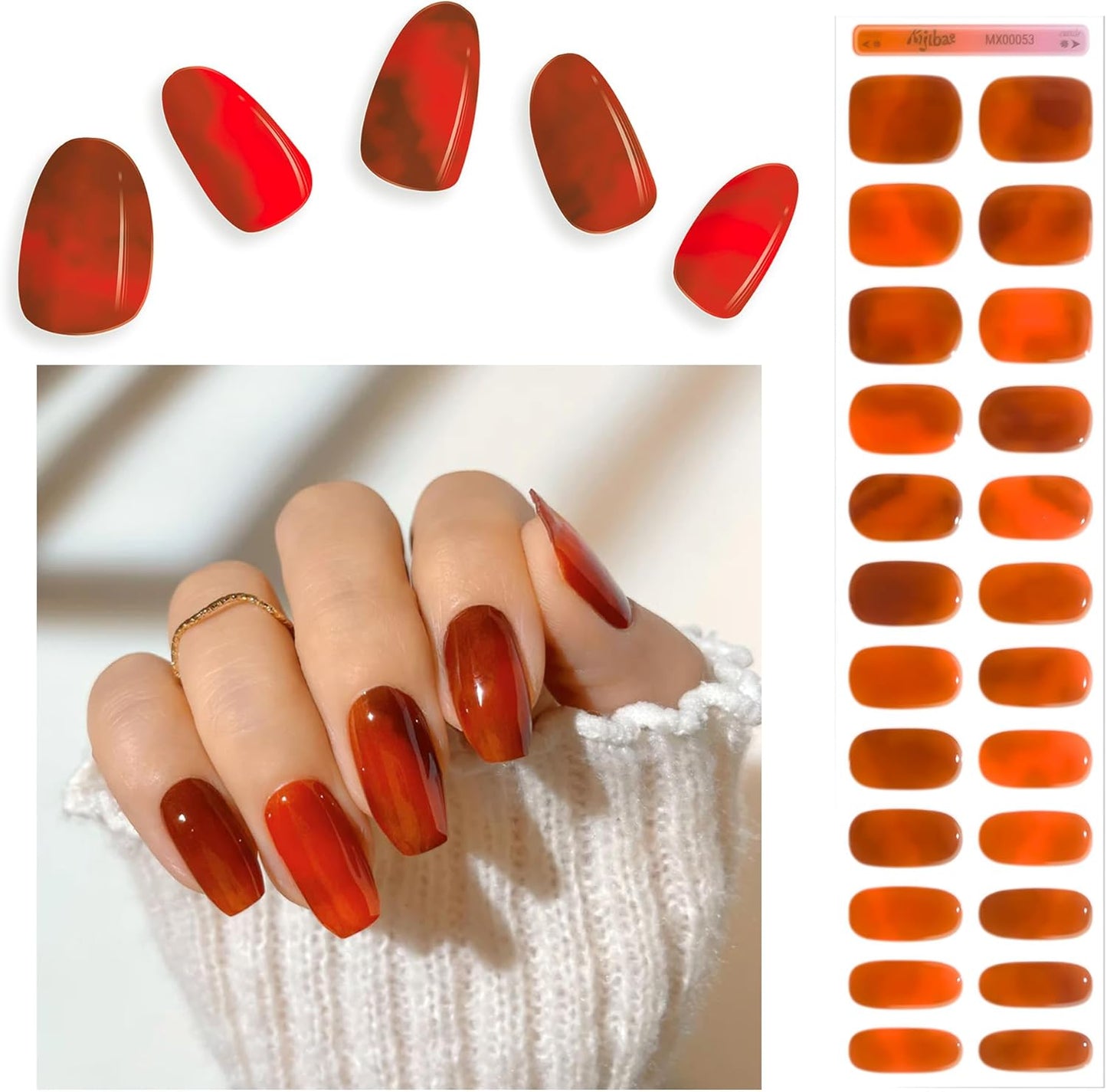 Semi Cured Gel Nail Strips - Minimalist Ombre Nail Polish Wraps, Works with Any UV Lamp - Long Lasting Easy Salon Manicure - 24pcs with 2 Prep Pads, Nail File & Cuticle Stick (Lava Gurl)