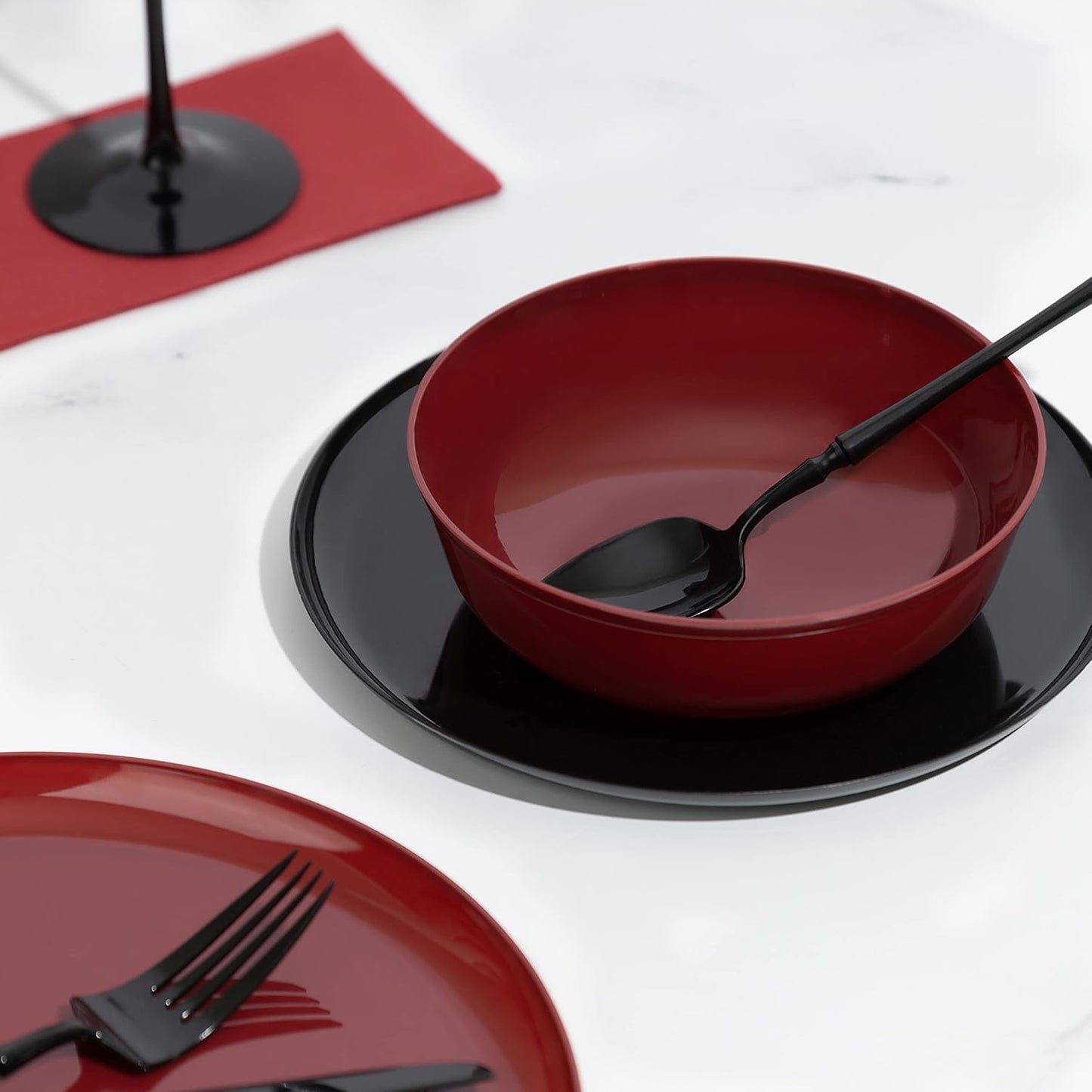 PLASTICPRO [30 Pack 16 OZ Bowls] Edge Collection Cranberry Red Plastic Party Soup Bowls Premium heavyweight Elegant Disposable Tableware Dishes