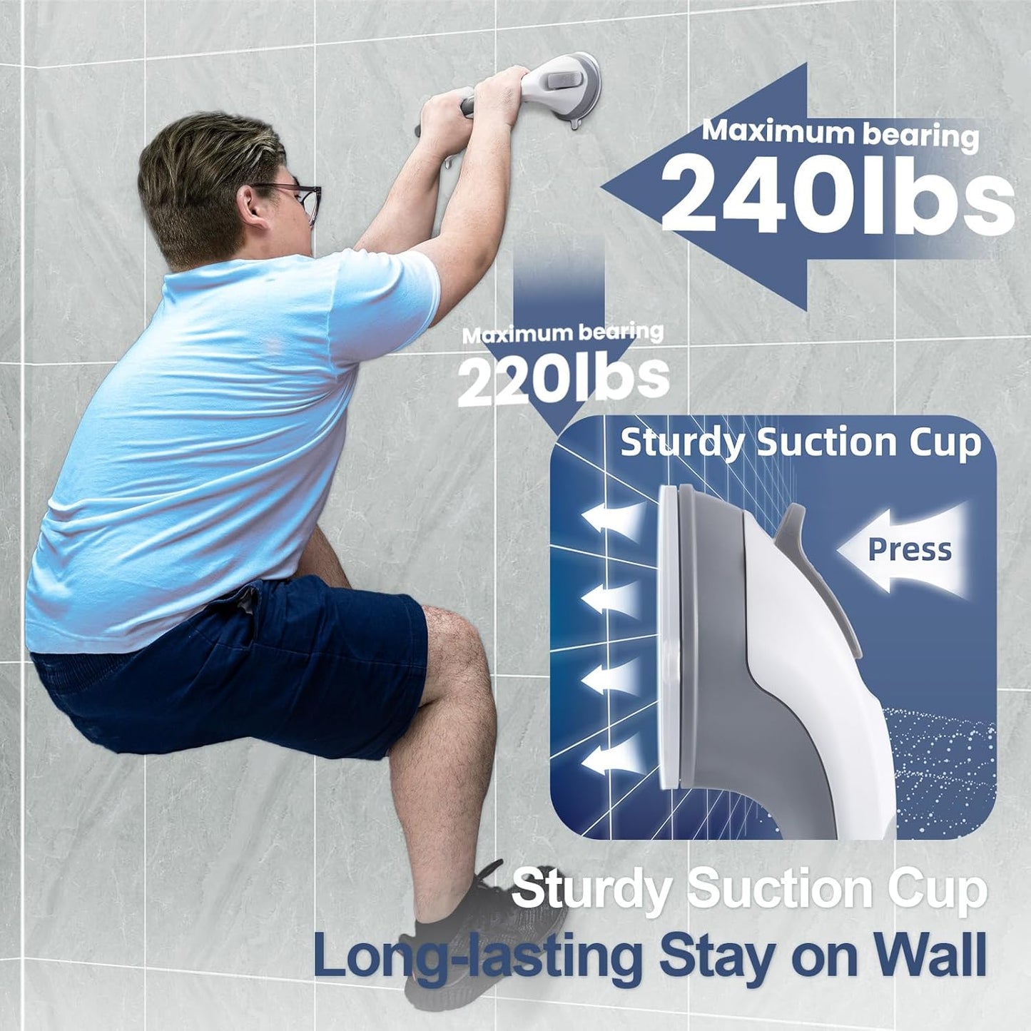 Grab Bars for Bathtubs and Showers 2 Pack Shower Handle, Heavy Duty Suction Grab Bar Bath Handrails for Seniors and Elderly, Bathroom Safety Grip No Drilling Waterproof Removable, Grey