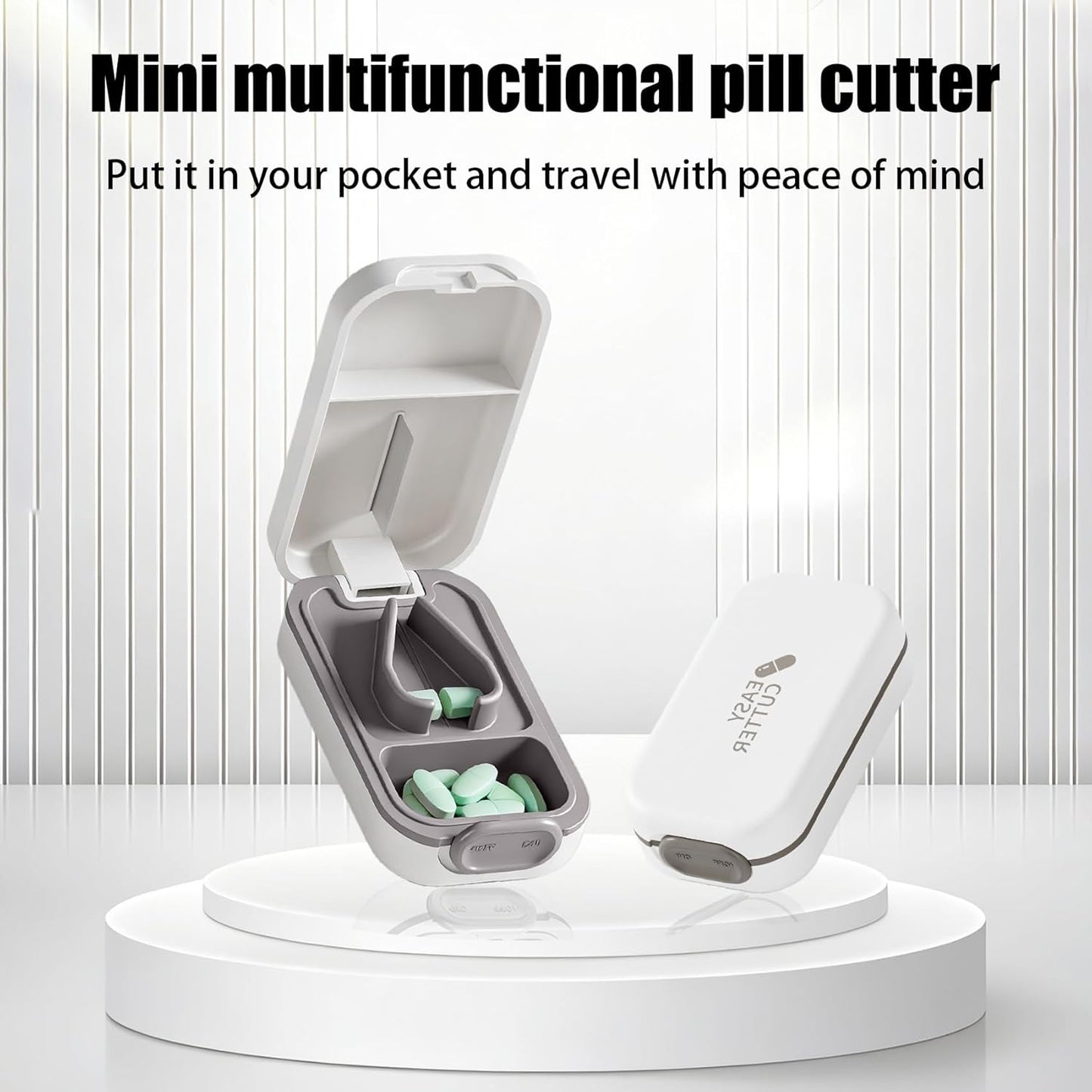 Pill Cutter Splitter for Small or Large Pills with Safety Lock - Accurate and Easy Travel-Friendly Design for Daily Use (White)