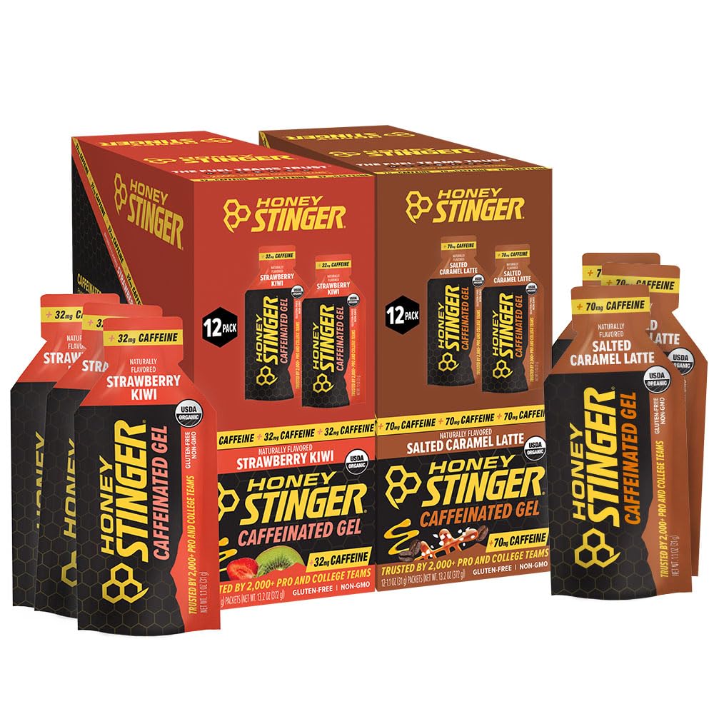 Honey Stinger Caffeinated Organic Energy Gel Variety Pack, 12 Packs Each of Salted Caramel Latte & Strawberry Kiwi, Caffeinated & Gluten Free, For All Exercises, Sports Nutrition for Home & Gym