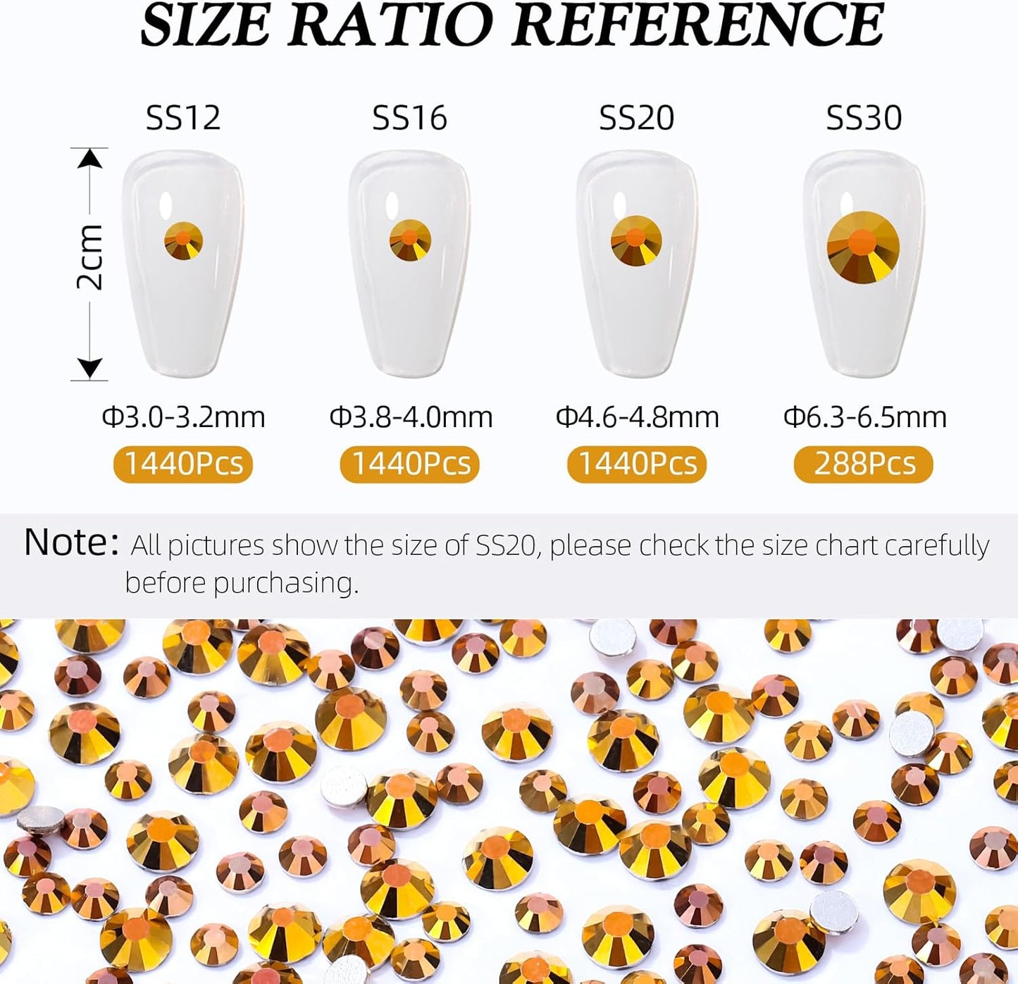 Gold Flatback Rhinestones, Glass Rhinestones for Nail Art and Craft, Glue Fix, Loose Crystal Gemstones(Gold, SS30, 288pcs, 6.4-6.6mm)