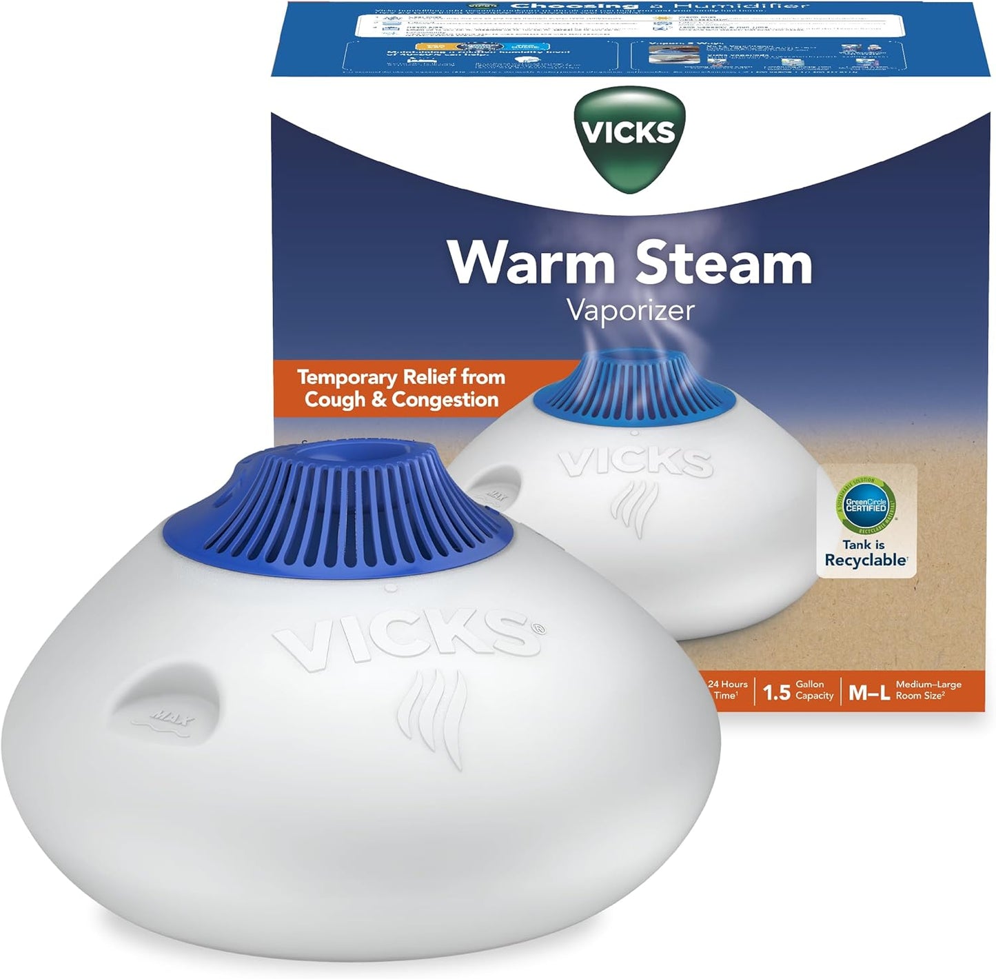 Vicks Warm Steam Vaporizer, Small to Medium Rooms, 1.5 Gallon Tank – Warm Mist Humidifier for Baby and Kids Rooms with Night Light, Works with Vicks VapoPads and VapoSteam
