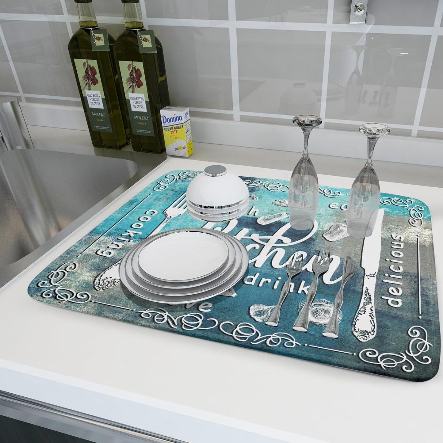 Blue Grey Dish Drying Mat 18x24 Inch Cooking Delicious Absorbent Drying Pad Heat Resistant Dish Drainer Mats for Kitchen Countertop
