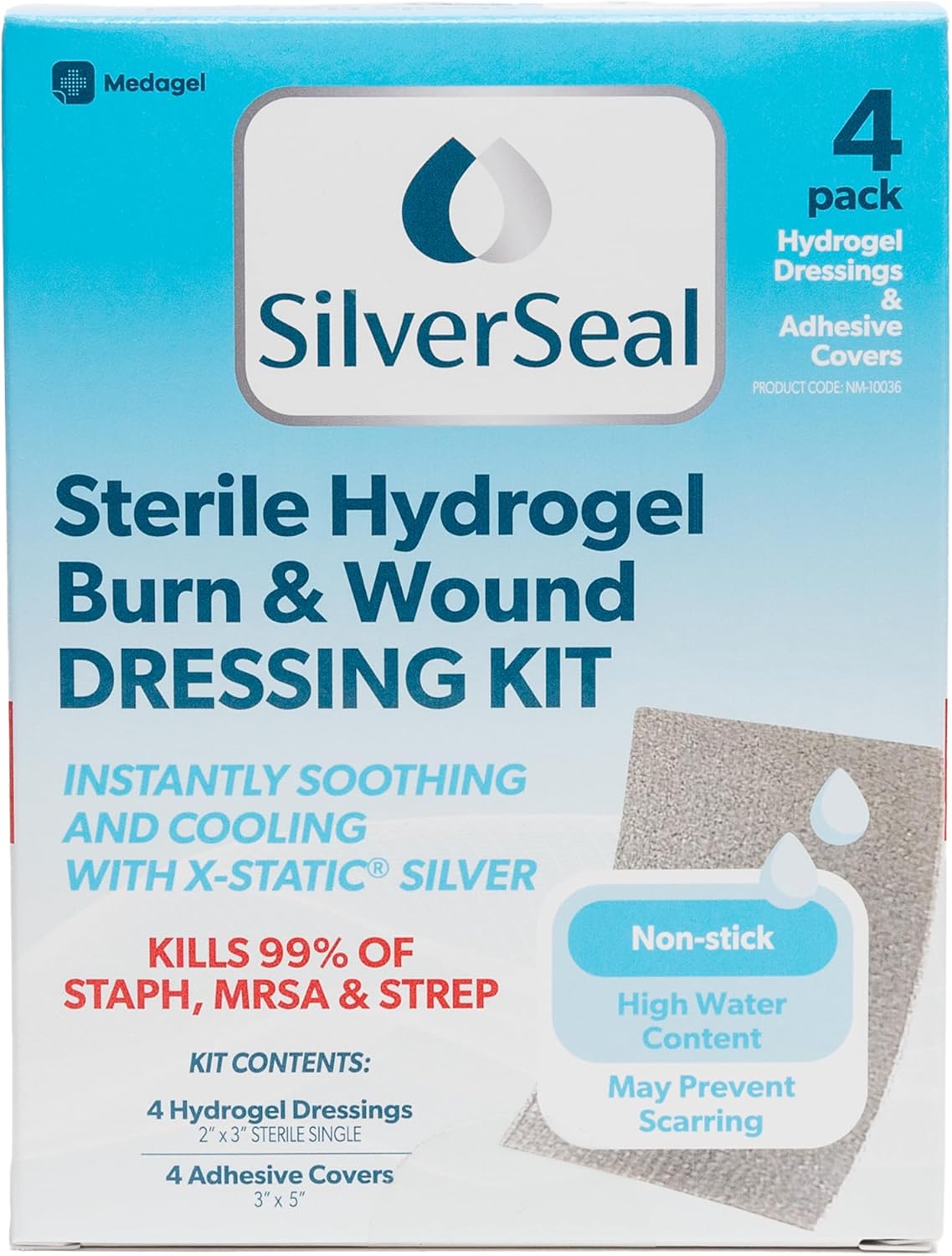 SilverSeal Hydrogel Burn & Wound Dressing Kit with X-Static Silver - FDA Cleared Care for Burns, Cuts & Wounds – Soothing Moisture, Relief & Protection - 4 (2”x3”) Hydrogels + 4 (3”x5”) Adhesive Pads