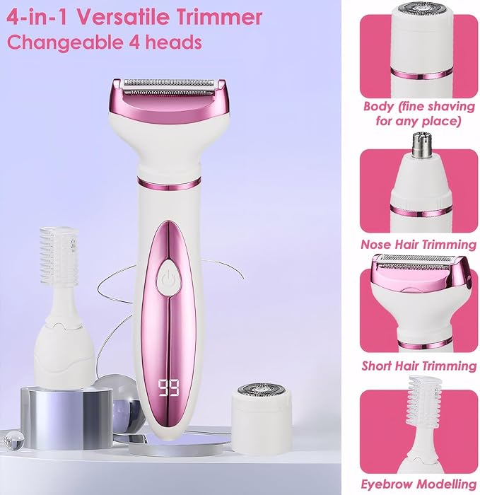 Upgraded 4 in 1 Electric Razors for Women, Portable Shaver with Digital LED Battery Display, Rechargeable Women Electric Trimmer for Face Arm Body Legs Underarm Bikini