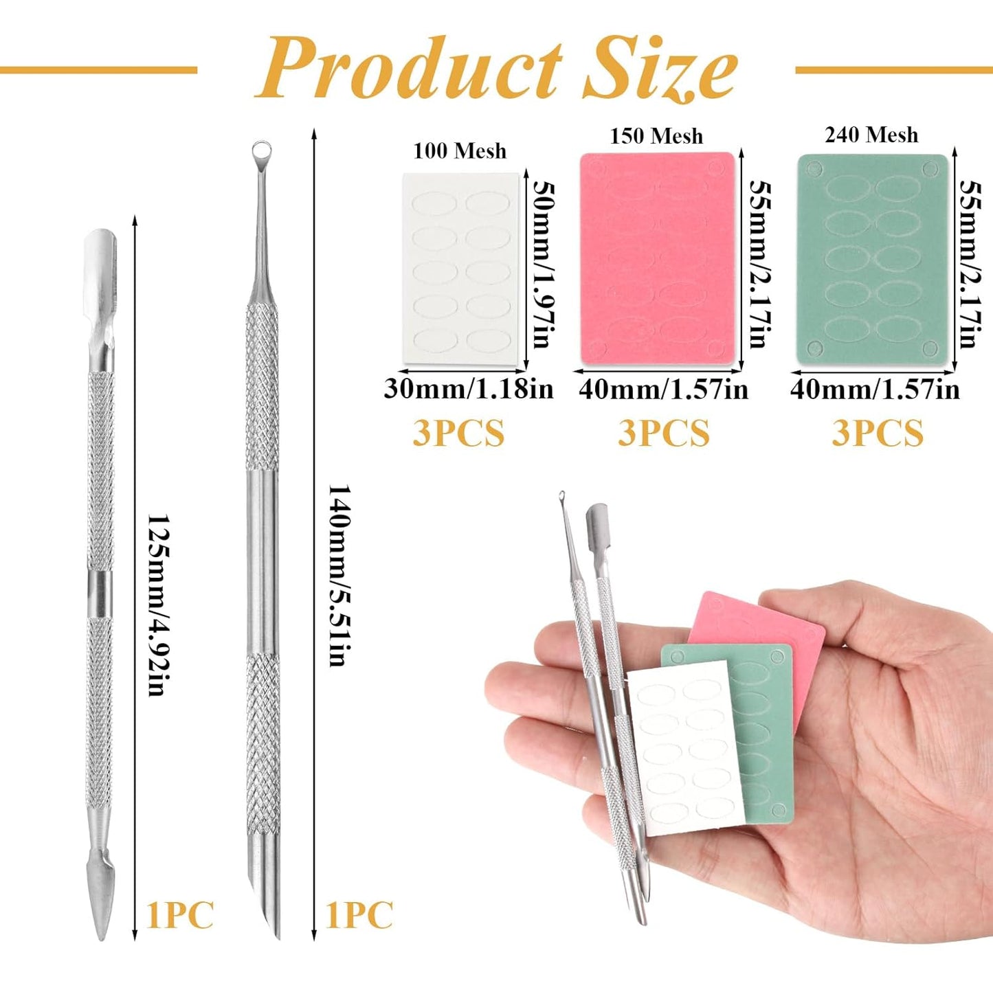Professional Nail Cuticle Around Polish Remover Tool, Stainless Steel Dual-Ended Russian Prep Cuticle Pusher Tool with 9 Sheets 100/180/240 Grit Sandpaper for Manicure Pedicure Home Salon Use