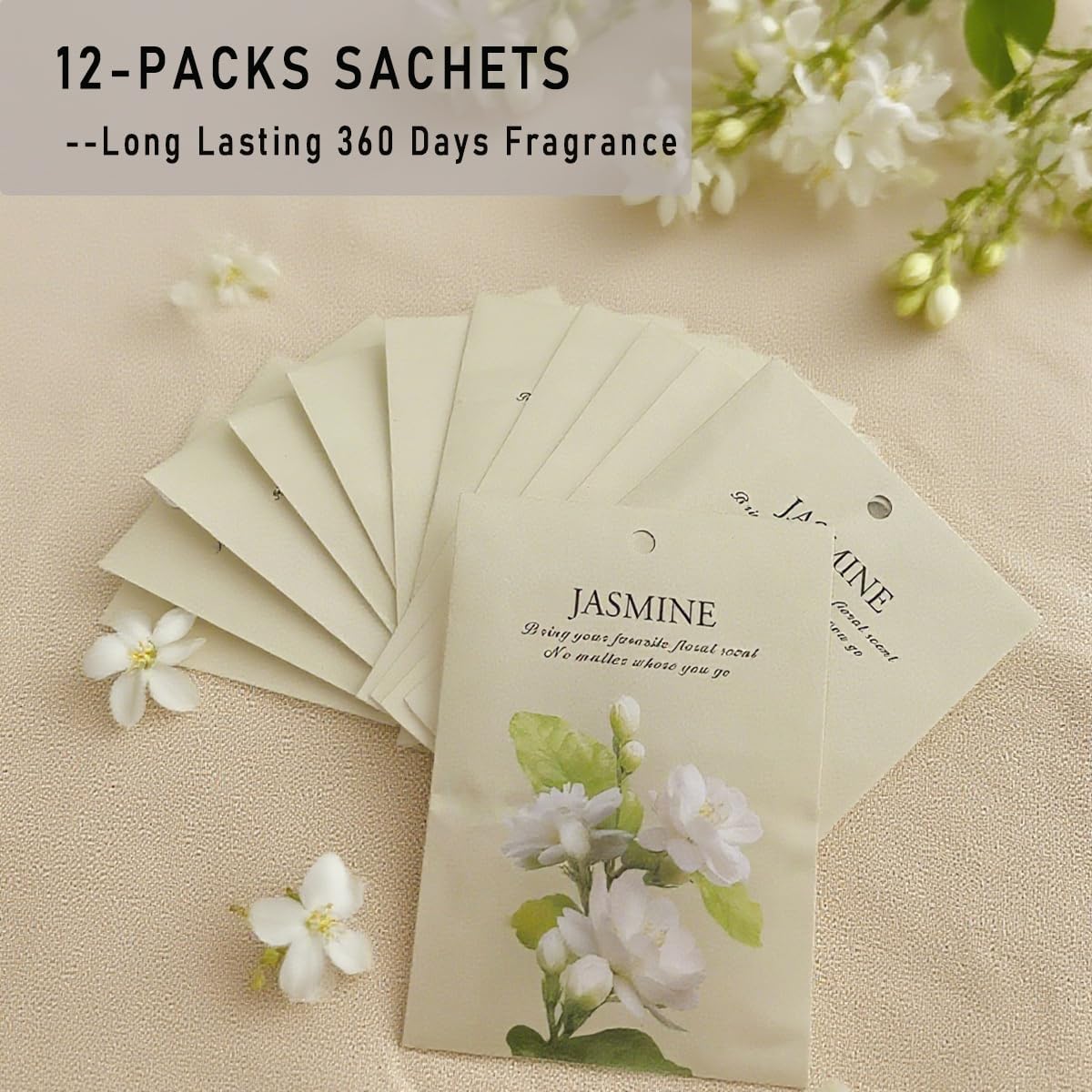Jasmine Scented Sachet Bags - 12 Pack Home & Car Freshener, Odor Eliminator for Closets, Rooms, Drawers, Wardrobes, Toilets, Long - Lasting 360 - Day Fragrance